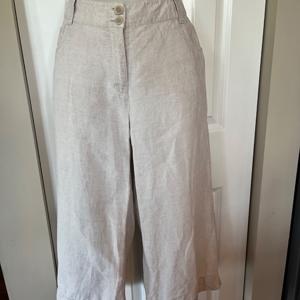 Eileen Fisher cropped wide leg linen capri pants, size s, khaki/beige